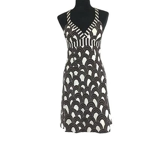 Trina Turk Dress 4 Brown Cream Scallop Quilt Texture Cross Strap Sheath Empire  - Picture 1 of 7