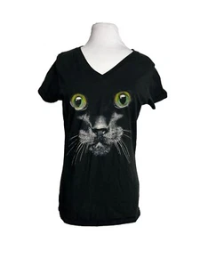 Black Cat Halloween T Shirt Womens Size 8-10 Cotton Big Eyes Short Sleeve - Picture 1 of 6