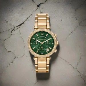 Michael Kors Women MK6263 Parker Gold Chronograph Green Dial Watch 36mm - Picture 1 of 2