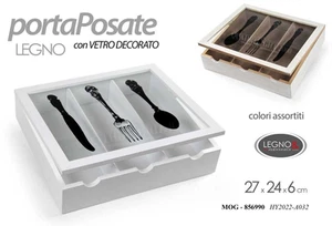 CONTENITORE PORTA POSATE IN LEGNO VETRO DECORATO ORGANIZER CASSETTI ASS 24*27*6 - Foto 1 di 5