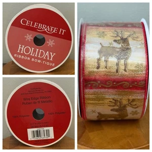 VTG Celebrate It Wired Christmas Ribbon Reindeer Deer Gold Glitter Snowflake Red - Picture 1 of 5
