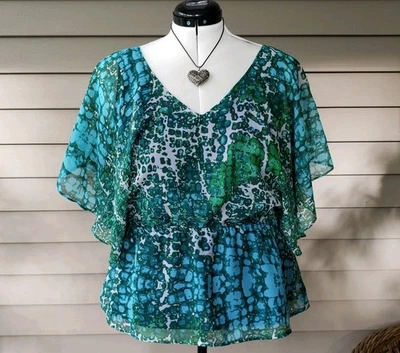 Jennifer Lopez Women's Lg.  Layered Green Multicolor V-Neck Zip Back Blouse Top Foto 1 de 4