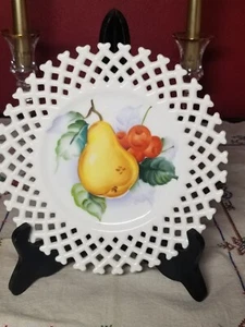 Vintage Lefton PEAR Hand Painted Reticulated Milk Glass Edge Plate 8 1/4" - Picture 1 of 2
