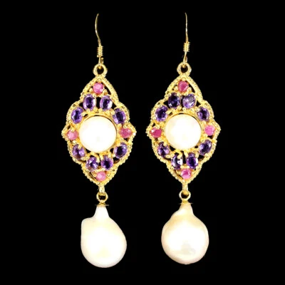 Estate 925 Orecchini Argento Ovale Ametista Rubino Perla Gemma Gioielli - Immagine 1 di 4