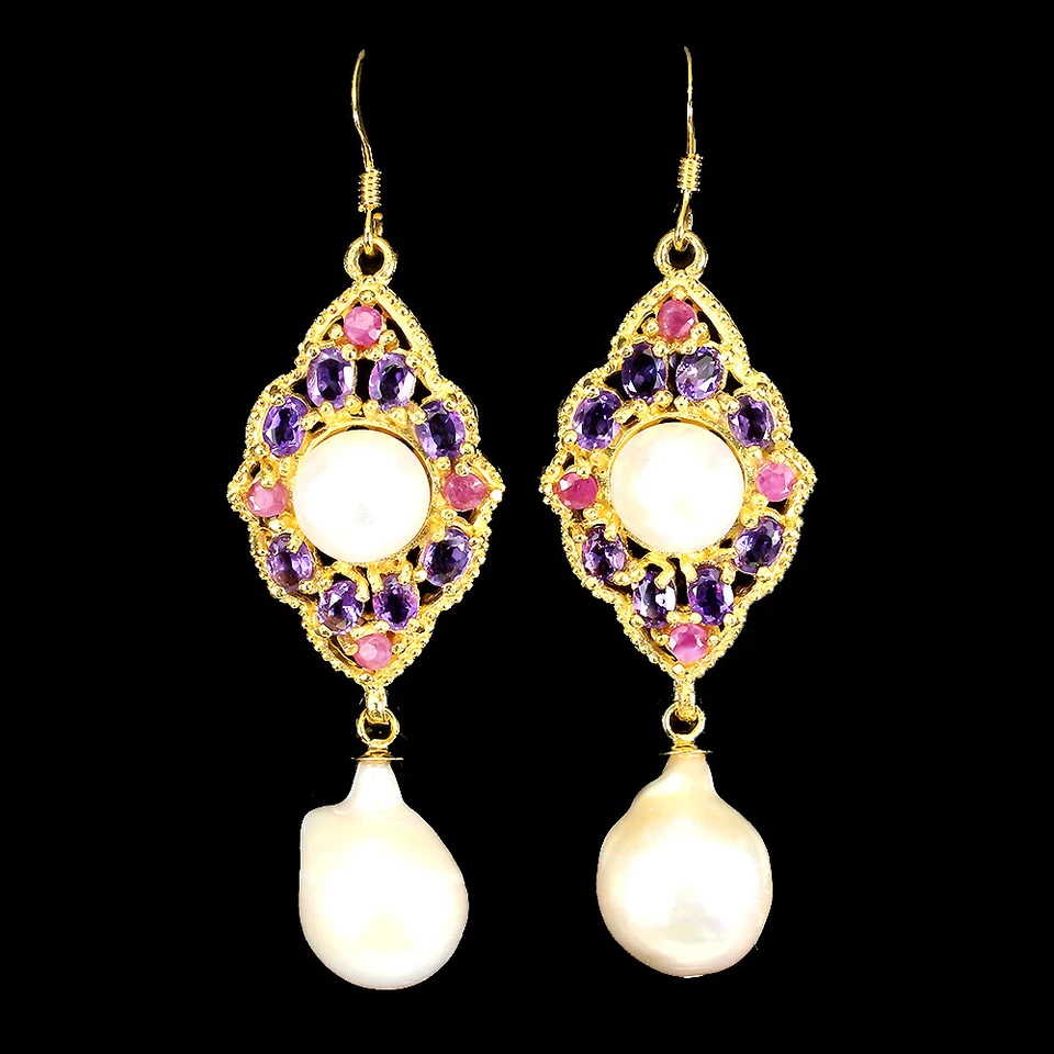 Estate 925 Orecchini Argento Ovale Ametista Rubino Perla Gemma Gioielli - Immagine 1 di 4