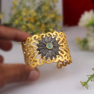 18K Yellow Gold Plated Filigree Designer Wide Cuff Bracelet With Pave Cz Flower