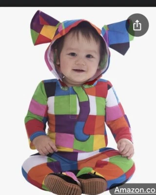 Baby Elmer the Patchwork Elephant Hooded Romper suit age 3-6 months fancy dress - Image 1 of 4