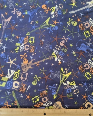 You Rock Musical Rock and Roll Cotton Fabric By The Yard with a Blue Background - Image 1 of 3