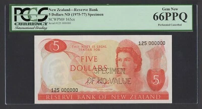 New Zealand 5 Dollars ND(1975-77) P165cs "Specimen" Uncirculated Grade 66 - Image 1 of 2