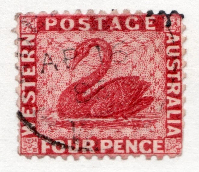 Australia Occidental 1882 Sc#47, pf12, Wmk 2, 4 peniques, cisne carmín. Cv$60 usado Foto 1 de 1