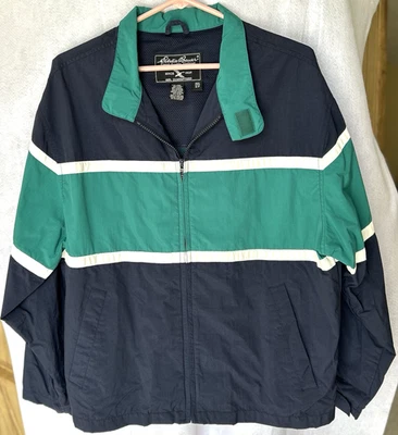 Vtg. 90s Eddie Bauer Striped Windbreaker Jacket Navy Mint Green White S/P - Image 1 of 4