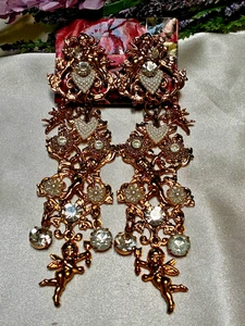 Adorable Cupid Angel Heart Simulated Pearl Rhinestone Chandelier Clip Earrings - Picture 1 of 11