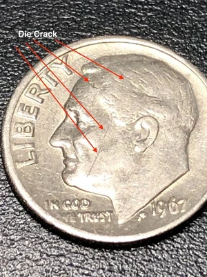 1967 Roosevelt Dime / No Mint Mark Die Cracks Face & head High lighted.   #DD10 - Image 1 of 4