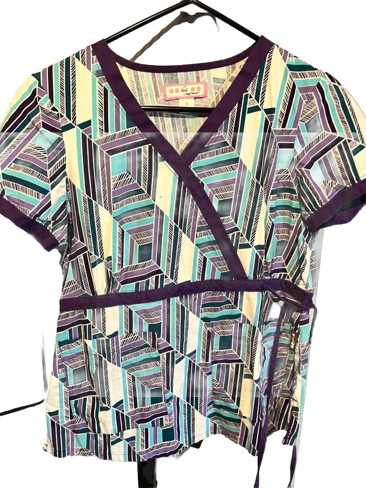 Koi Purple White Striped Small Scrub Woman Tie Waist  V Neck  Short Sleeved Top - Image 1 of 4