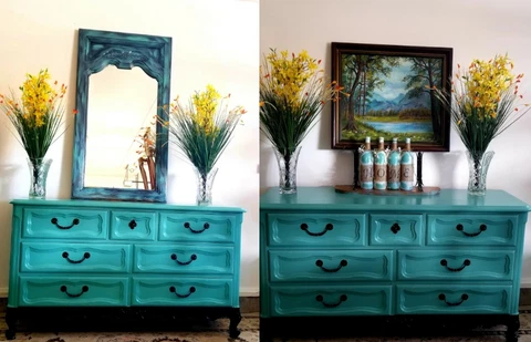 Drexel French Country Manner 7 drawer Oak teal dresser Cover