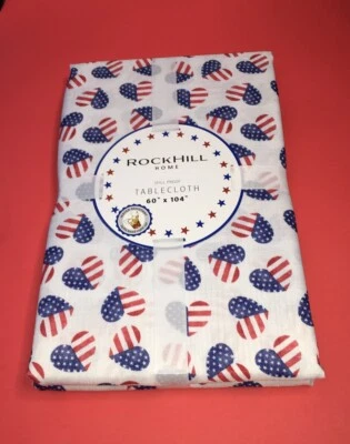 ROCK HILL HOME PATRIOTIC HEARTS TABLECLOTH Spill Proof 60” X 104” R,W&B NWT - Image 1 of 3