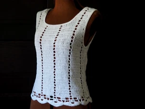 VTG 70s Handmade White Crochet Tank Top Festival Hippy Boho Summer Shirt S/M - Picture 1 of 4