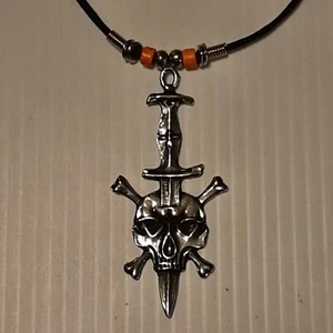 SKULL / CROSSBONES SWORD Pewter Pendant Charm /  ROPE NECKLACE WITH COLOR BEADS - Picture 1 of 16