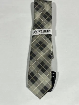 Mens Stacy Adams Gray Plaid Pattern Tie With Matching Pocket Square NEW - Image 1 of 3