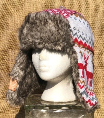 *NUEVO CON ETIQUETAS* Arizona Jean Co. Sombrero de invierno de aviador marfil rojo isla justa ciervo piel sintética ~ OS Foto 1 de 4