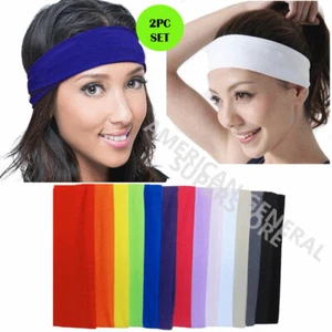 2pc HEADBAND Stretch Sports Yoga Gym Black Hair Band Wrap Sweatband Womens Mens - Picture 1 of 29