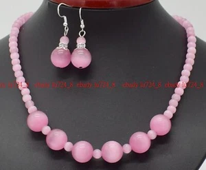 Exquisite Lovely 6mm 14mm Pink Cat's Eye Opal Round Beads Necklace Earring 18" - Picture 1 of 12