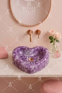 12" Heart Shaped Amethyst Crystal Sink | vanity Hand-Carved Stone Wash Basin - Picture 1 of 10