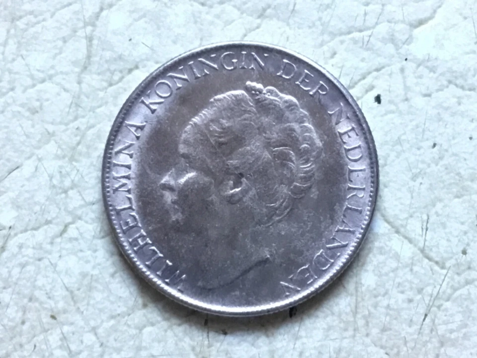 WW2 1943 NETHERLANDS Kingdom QUEEN WILHELMINA Old Silver 2 1/2 Gulden Coin - Image 1 of 4