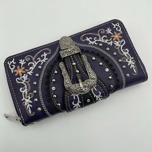 Embroidered Buckle Wallet Womens Purple Western Style Studded - Picture 1 of 6