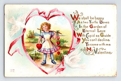 Tarjeta postal San Valentín linda niña paloma corazón cinta 1913 publicada parte posterior dividida Foto 1 de 2