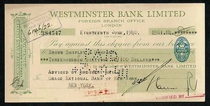 UK Great Britain Check Cheque Westminster Bank Limited 1940 VF !!! - Picture 1 of 2