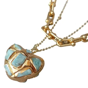 Natural Heart Shaped Blue Larimar Pendant Gold Plated Chain Layers Necklace 20" - Picture 1 of 8