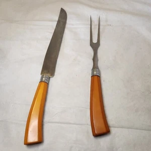 Vintage Bakelit 2 Stück Tranchiergabel und Tranchiermesser Butterscotch rostfrei - Bild 1 von 15