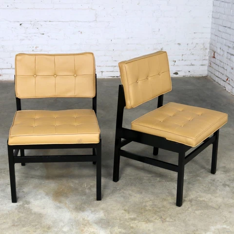 Pair Hibriten Blackened Wood and Faux Leather Mid Century Modern Chairs Cover