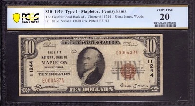 1929 $10 FIRST NATIONAL BANK NOTE MAPLETON PENNSYLVANIA PCGS B VERY FINE VF 20 - Image 1 of 3