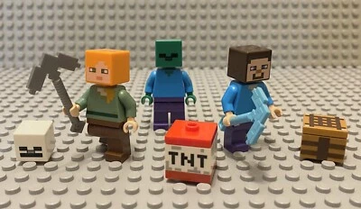 LEGO Minecraft Minifigures Lot Alex Steve Zombie TNT Pickaxe Pixelated - Image 1 of 4