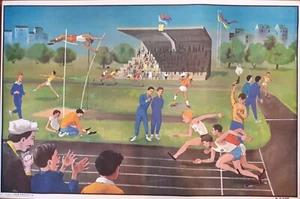 Vintage French Ogé Hachette Educational School Poster Le Stade/La Ménagerie - Picture 1 of 6