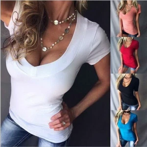 Sexy Women's Deep V-Neck Fitted Cotton Short Sleeve Stretch Basic Tee Shirt Top* - Picture 1 of 18