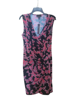 NWT Dana Buchman Faux Wrap Dress M Black Pink Sleeveless V-neck Ruched Stretch - Image 1 of 4