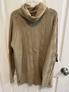 Magellan Medium Cowl Neck Pullover Sweater Long Sleeve Tan Mixed Stitch New - Picture 1 of 9