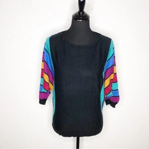 Vintage Top Priority Collection black rainbow striped sleeve sweater size Large - Picture 1 of 12