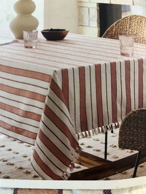 Threshold Striped Tablecloth Coral Orange   Rectangular 60x104 Cotton Fringe - Image 1 of 4