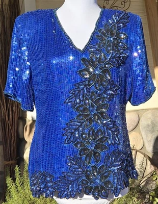 Blusa STENAY de Seda Azul Real y Negra Años 80 Floral Lentejuelas Cuentas Talla PL Foto 1 de 4