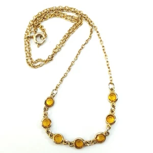 Gold Tone with 7 Citrine Color Rhinestones Necklace 16" Long Spring Ring Clasp - Picture 1 of 8