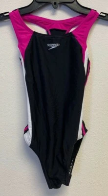 Speedo Big Girls' Solid Infinity Splice One Piece Swimsuit Black/ Pink Size 7 - - Image 1 of 2