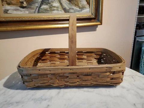 Vintage Sturdy White Split Oak Market Basket 19" X 13" X 4.5" Cover