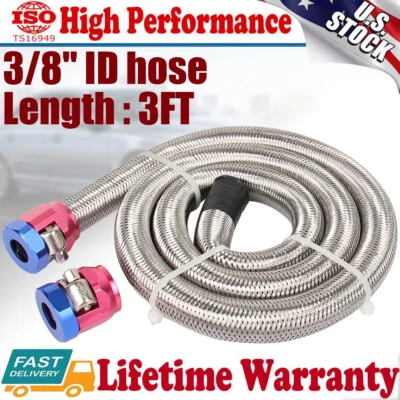 3/8" Hose 3ft. Braided Stainless Steel Flex Fuel Line Hose Clamps Kit Universal - Image 1 of 4
