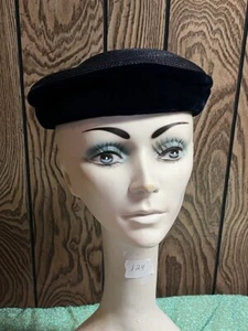 VTG LADIES HAT DARK BLUE WOVEN MD. W/2" BLUE VELVET BAND ON EDGE #124 - Picture 1 of 4