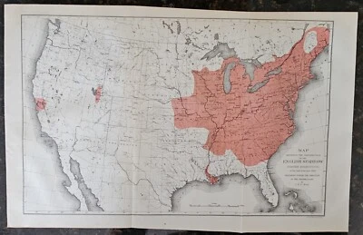 Mapa antiguo de 1886: distribución de gorrión inglés, USDA, Beal, 14x9, pájaro raro Foto 1 de 4