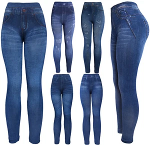 Classic High Waist Women's Denim Print Fake Faux Jeans Leggings Pants - Picture 1 of 8